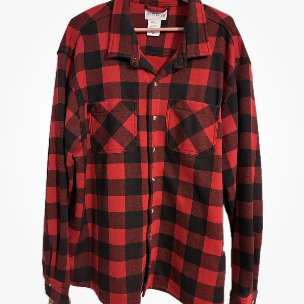 John Blair Red and Black Plaid Button-Down Flannel Shirt